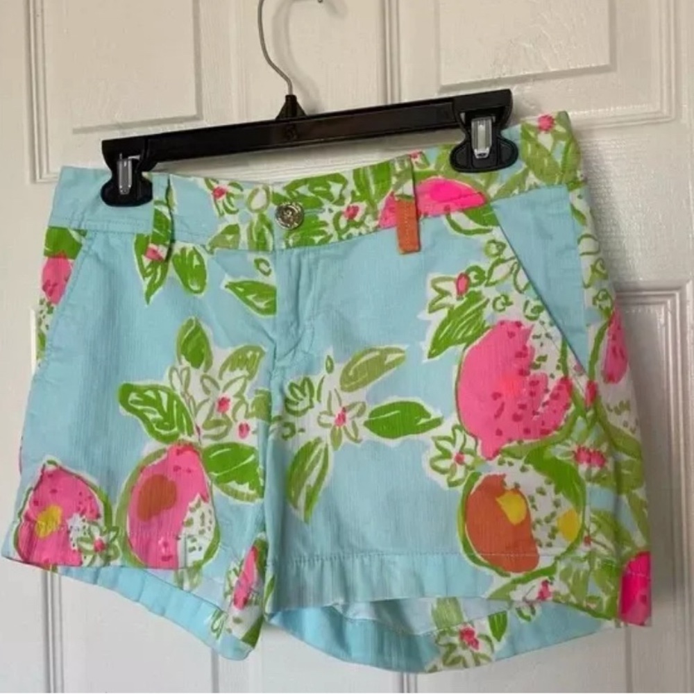 Lilly Pulitzer Callahan Shorts Womens 2 Blue Pink Floral Cotton Casual Beach